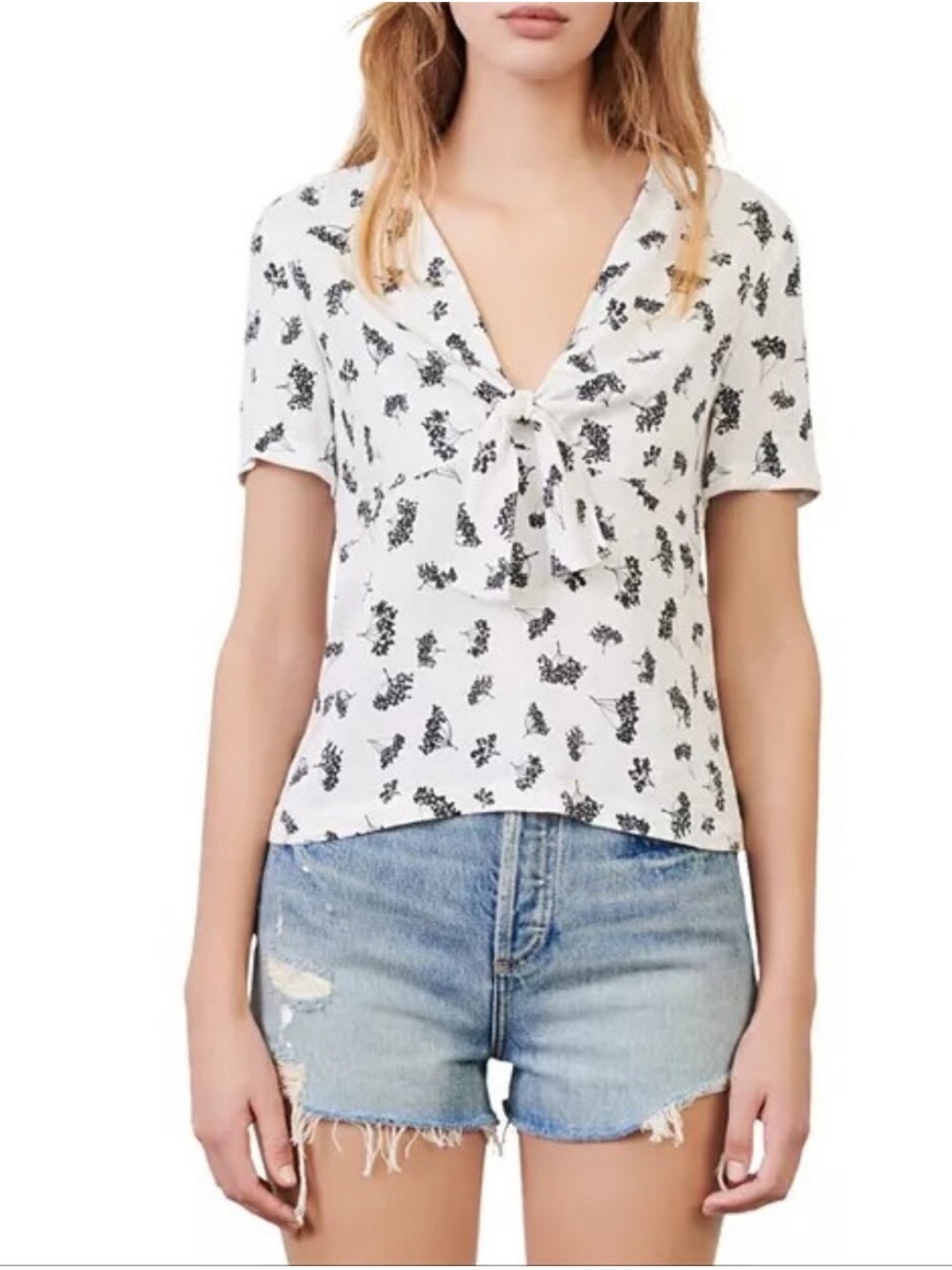 Maje Liseille Tie Front White Short Sleeve Floral Blouse Size French 1/US 4